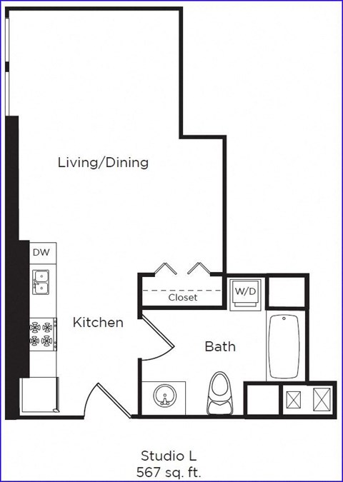 Floor plan for studio, 1 bath, 567 sqft